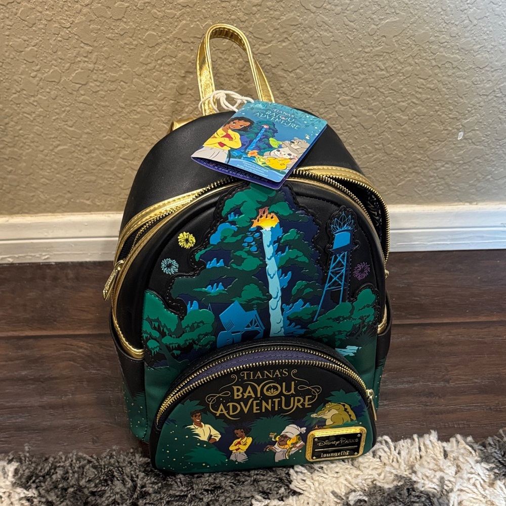 Loungefly Tiana's Bayou Adventure Backpack with Black and Gold Accents